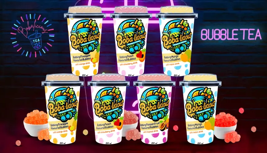 A colorful infographic featuring seven fruit bubble tea drinks, each labeled with a unique flavor combination like strawberry, mango pineapple, taro coconut, and more, against a light beige background with scattered leaves and boba pearls.